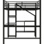 Lit mezzanine pleine grandeur en métal noir avec bureau, escalier de rangement, garde-robe et DEL, petit luminaire de construction contemporaine, moderne et fonctionnel