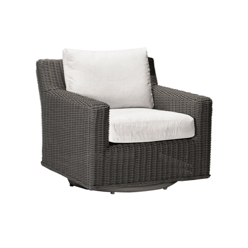 Rustic Swivel Patio Chair with Cushions, No Welt, Rollo Lace InsideOut® Linen, Black Walnut