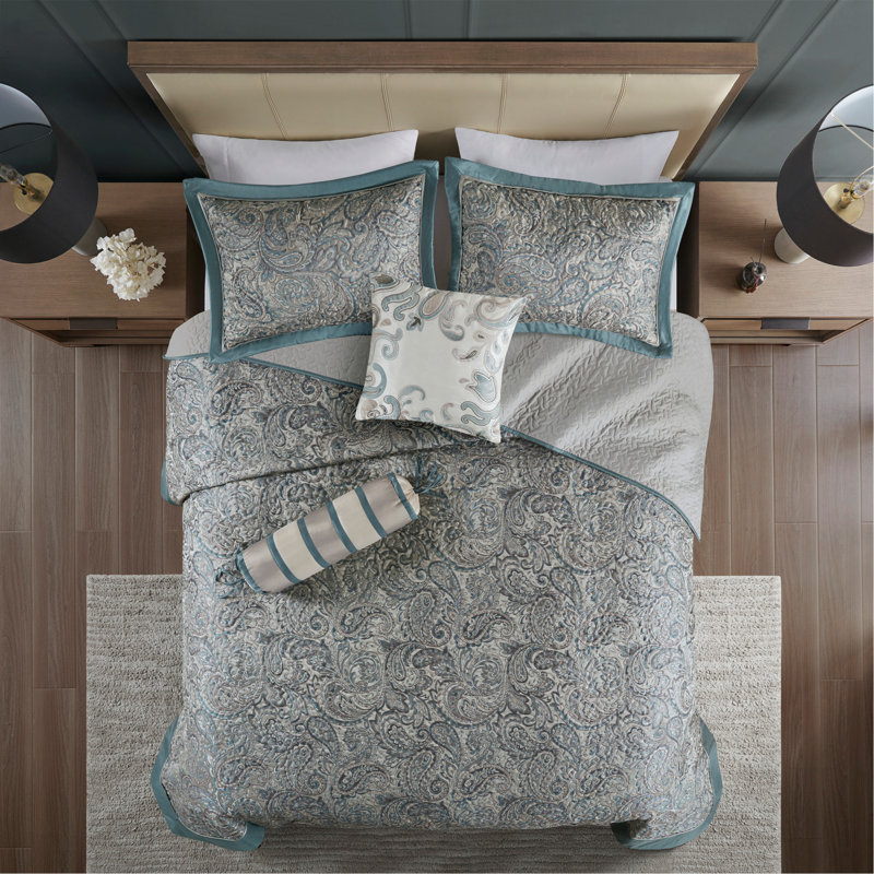 Ensemble de couvre-lit 5 pièces en jacquard avec coussins grand sarcelle, Couvre-lit très grand + 4 pièces supplémentaire