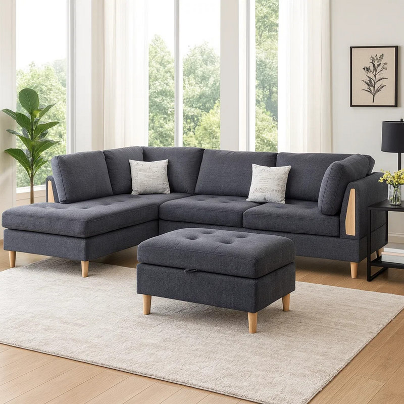 Upholstered L-Shaped Sectional, Charcoal Chenille, Left Hand Facing