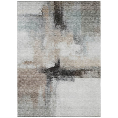 5' X 8' Brown Black And Gray Abstract Washable Indoor Outdoor Area Rug