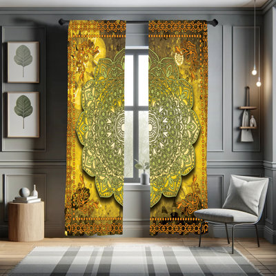 Ebern Designs Ethnic Curtains, Mystic Mandala Artwork Boho, Pair of 28"x95", Pale Caramel