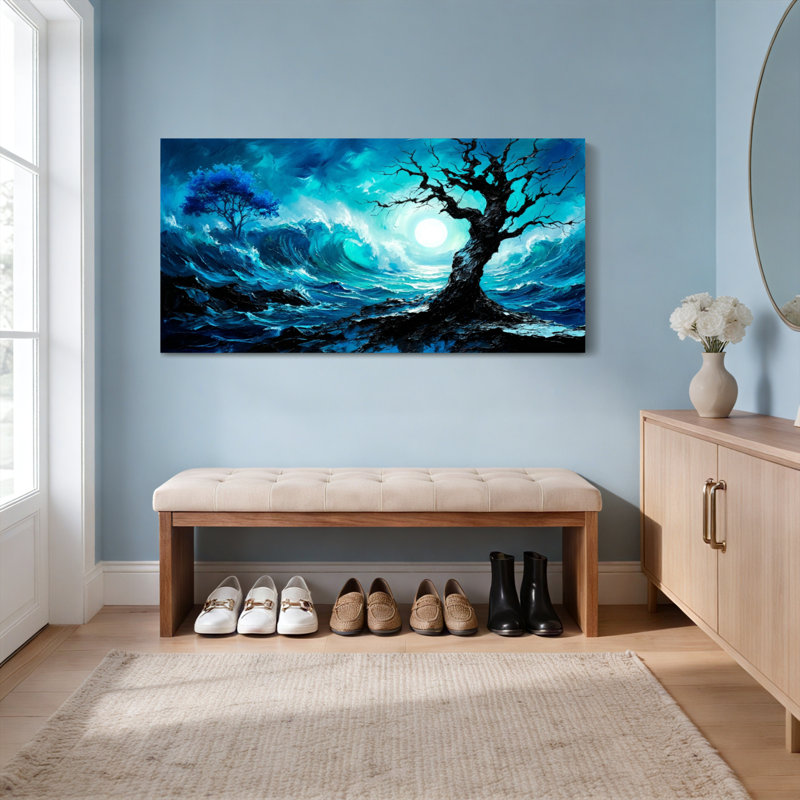 «Blue Ocean Waves and Moonlit Tree», reproduction d'art sur toile tendue sur toile, ensemble de 1, H 24 po x l 48 po