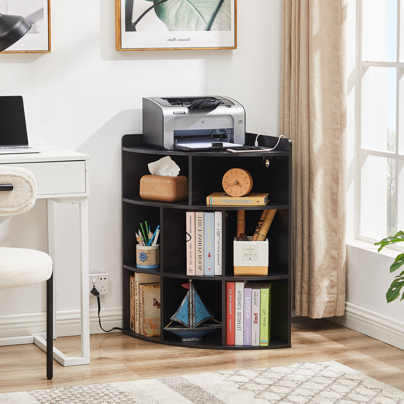 4-Tier Corner Cabinet With US Socket, 8-Cubby Wooden Bookcases Bookshelf Storage Organizer Display Rack, Black