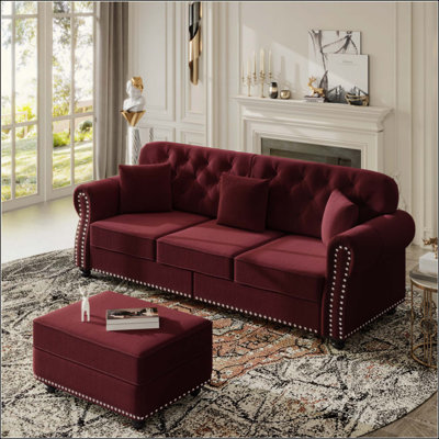 Upholstered Velvet Sofa With Nailhead Trim And Rolled Armrests,Mid-Century Modern Chesterfield Sofa With Button Tufted,Includes 1 Ottoman