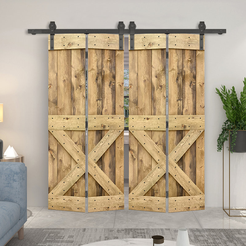 Porte de grange en bois 84 pliable avec trousse de quincaillerie d'installation, Chêne vieilli, 64 po x 84 po