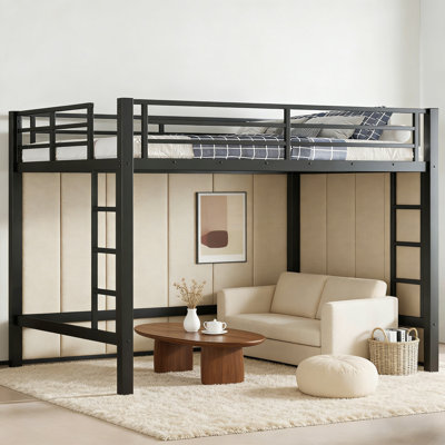 Queen Size Metal Loft Bed with Ladder & Guardrails, Black, Space-Saving & Durable