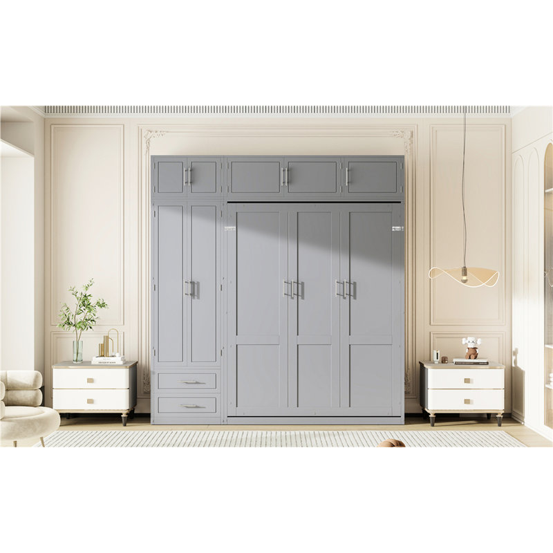 Grand lit gris avec garde-robe latérale, tablette supérieure et support de matelas flexible pour plus de confort dans les lattes compactes