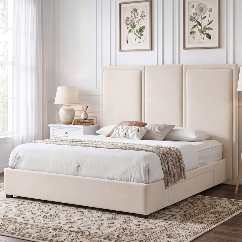 Morghen Upholstered Platform Bed With Extra High Headboard And 2 Extra Large Capacity Drawers, King, Beige Linen