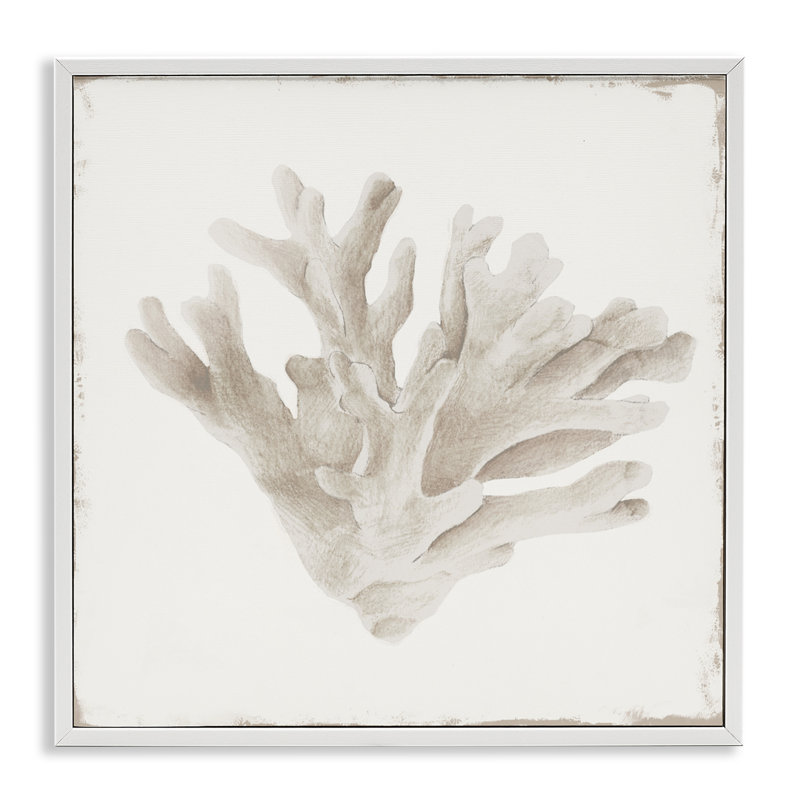 Sandy Coral Drift, giclée encadrée, design par Lily K., H 17 po x l 17 po, Estampe numérique encadrée blanc bord de mer