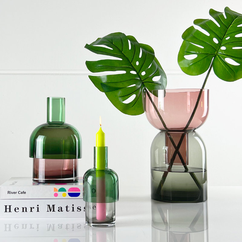 Medium Green and Pink Reversible Glass Flower Vase