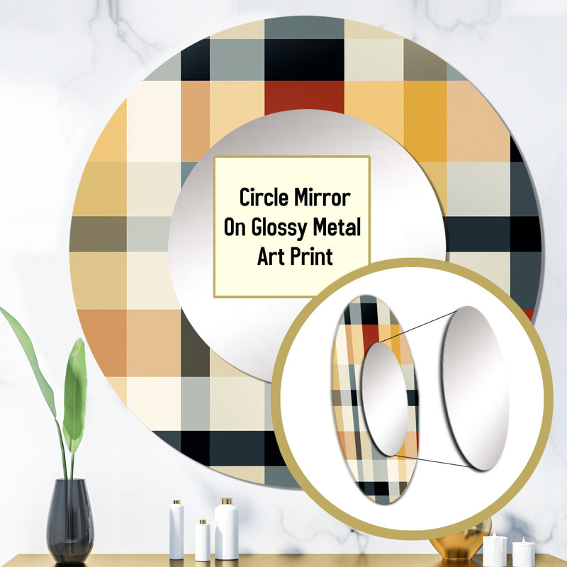 Rubyann Black And Cream Plaid Sophistication - Plaid  Decorative Wall Mirror, Cream Round Mirror, Printed Metal Art