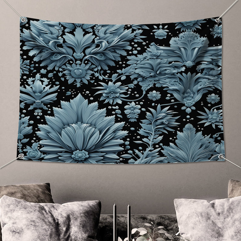 Tapisserie murale à motif floral bleu - Décoration murale florale, 68in H x80in W with 4 Grommets