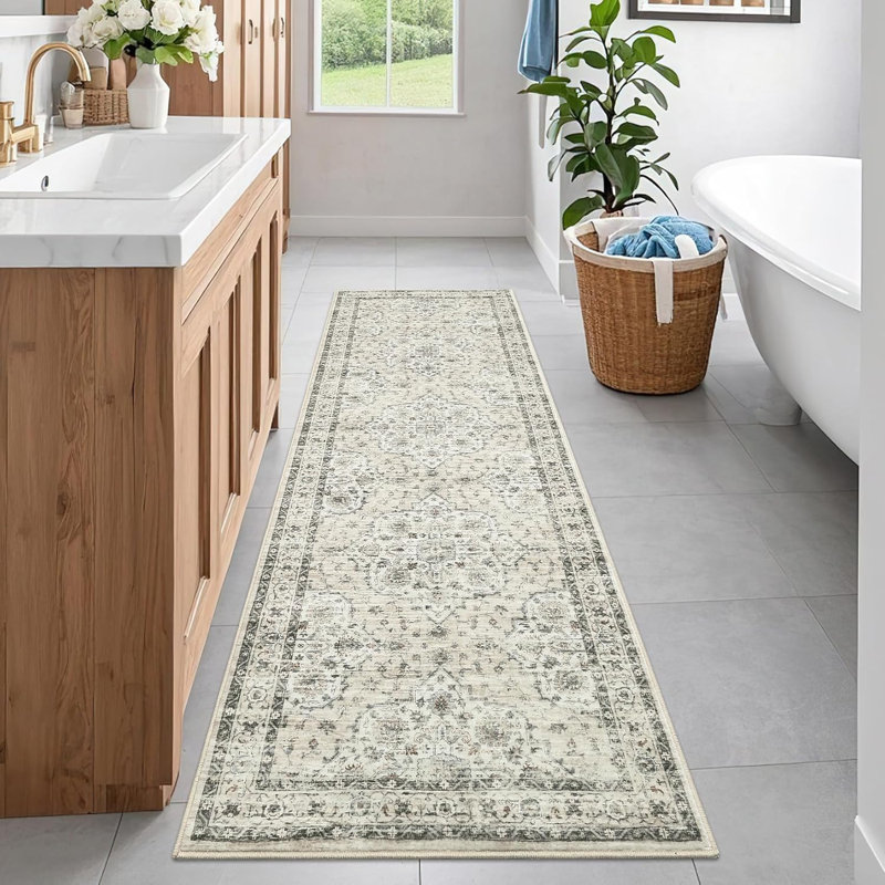 Tapis de couloir floral beige 2 x 6 po, tapis lavable antidérapant à poils courts pour le couloir, la cuisine et le hall d'entrée