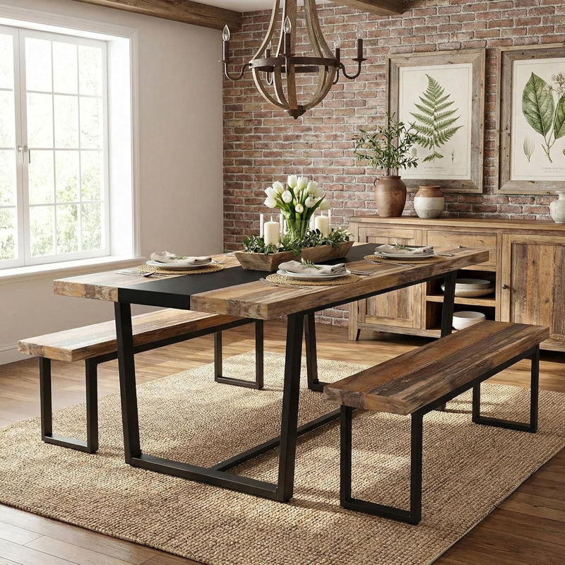 71" Rectangular Farmhouse Industrial-Style Dining Table, Brown