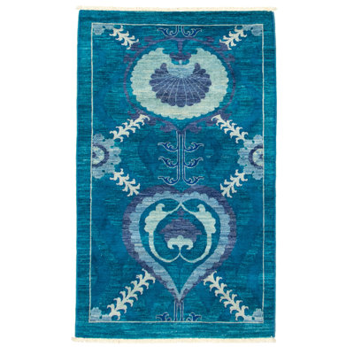 Tapis turquoise en laine noué à la main Deluna