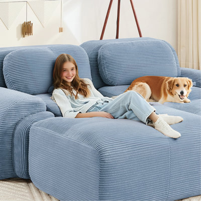 Canapé 3 places en velours côtelé haut de gamme, modulable et modulable, antidérapant, livré monté, accoudoirs incurvés pour un soutien ergonomique, mousse haute résilience, idéal pour le salon ou la chambre, bleu.