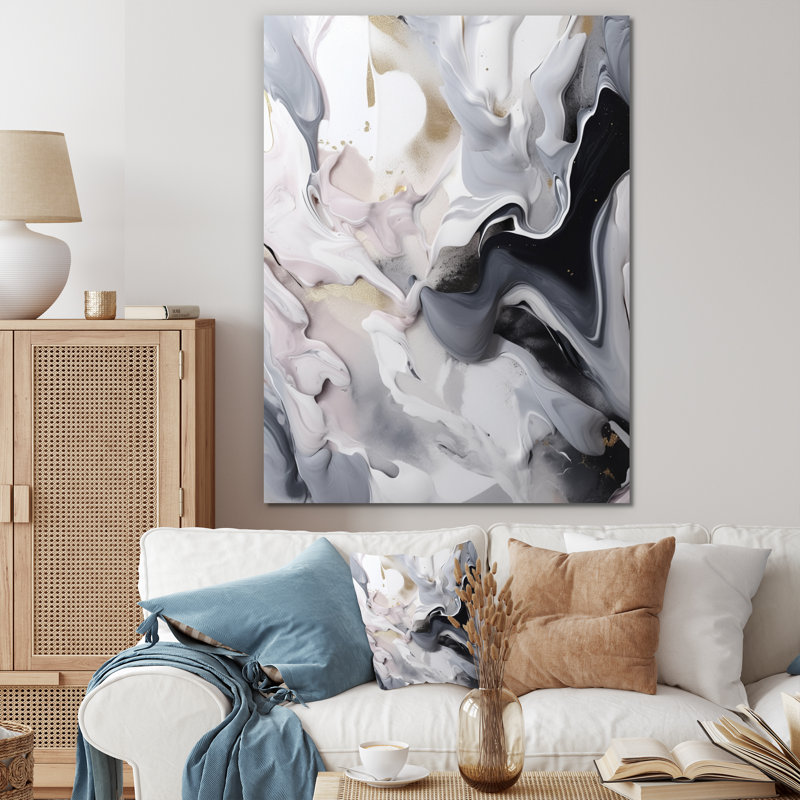 Marbre blanc et gris captivant II - art mural abstrait en marbre, H 32 po x l 16 po x P 1 po, Toile tendue