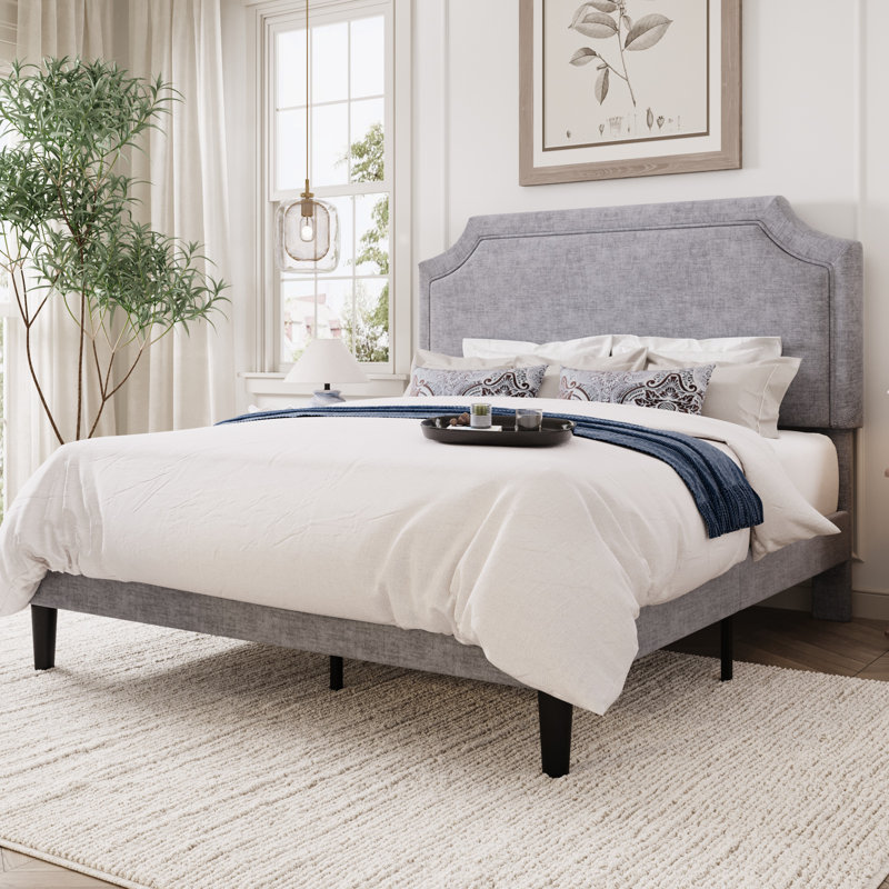 Structure de lit moderne tapissier avec tête de lit ajustable, Gris clair, Grand lit