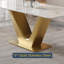 Table de salle à manger rectangulaire blanche moderne de 71 po pour 8 personnes, pieds en forme de V en acier inoxydable, table en faux marbre brillant pour salle à manger-188424274