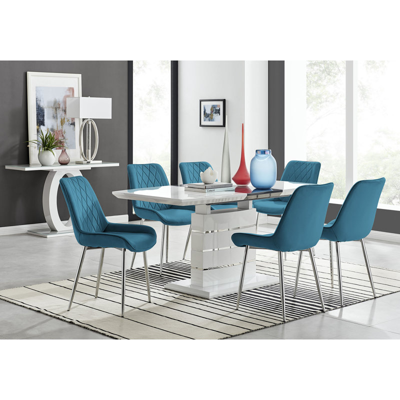 Everson High Gloss 6 Seat Extendable Dining Set with Luxury Velvet Upholstered Dining Chairs, Blue/Silver