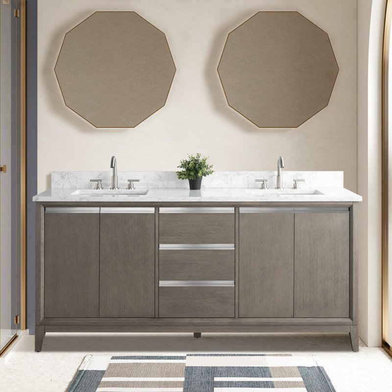 Meuble-lavabo double 60 po avec comptoir, Bois flottant gris, Lit double, 72"