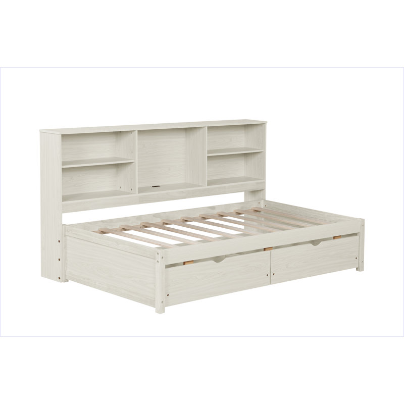 Bed Frame With Side Bookshelves, Two Drawers, And Built-In USB Port, White