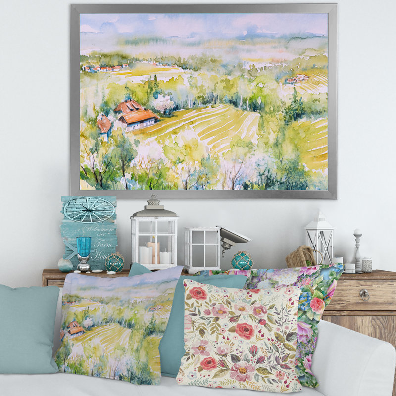Blossoming Green Fields in Countryside - Peinture sur toile, Toile encadrée argentée, H 24 po x l 32 po x 1,5 po