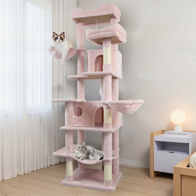 Arbre à chat de 68 po de hauteur à plusieurs niveaux avec hamacs, panier suspendu, grotte pour chat, coussin amovible et poteaux à griffes - idéal pour les chats d'intérieur et les foyers multi-chats
