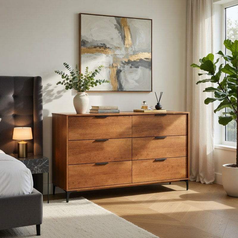 6-Drawer Cherry Wood Dresser with Interlock Safety System, Rustic Bedroom & Living Room Storage Cabinet, MDF + Metal Construction, Natural