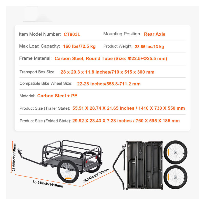 Remorque de chargement de vélo robuste avec capacité de 160 lb - Chariot de chariot pliable et attelage universel pour les aventures en plein air