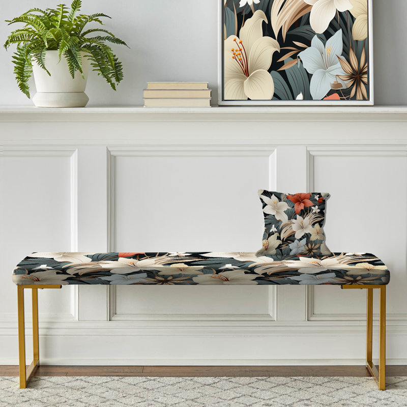 Banc floral rembourré or, Motif tropical de sérénité monochrome