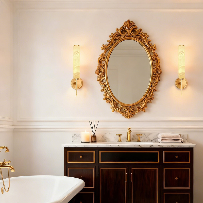 Alabaster Wall Sconce - Built-In 5W LED Light Strip, Brass Fixture - Polished Brass Finish, Antique Brass