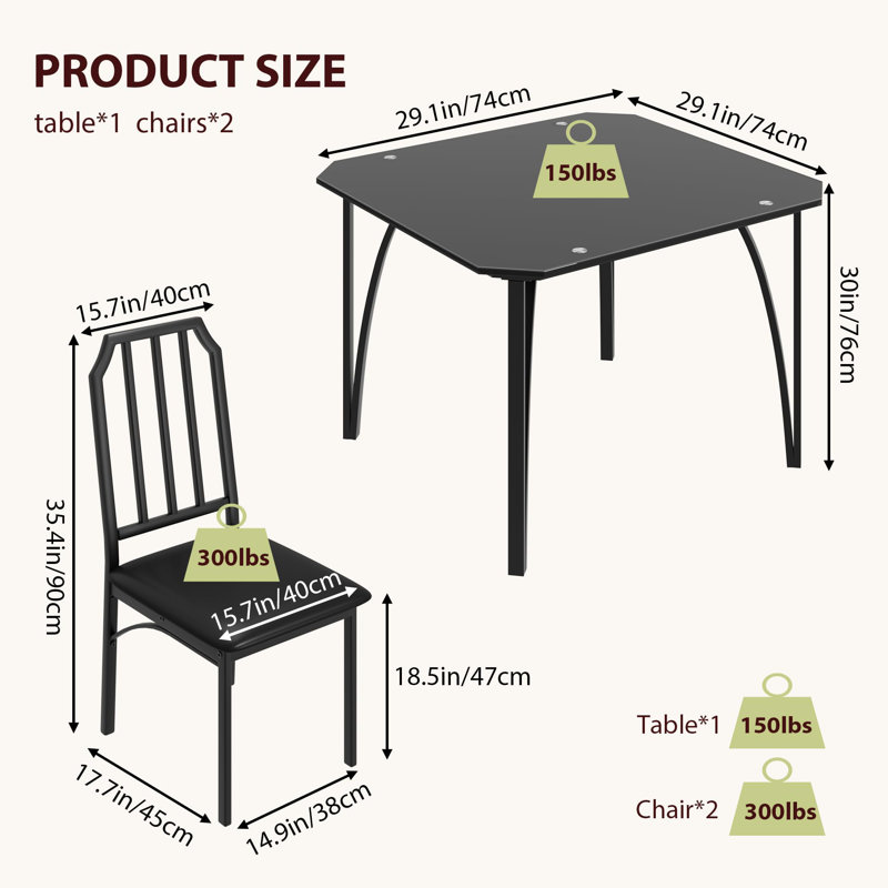 3-Piece Modern Dining Table Set for 2, Rectangular Kitchen Table with Elegant Black Glass Top and 2 Faux Leather Chairs, Space-Saving Furniture for Small Home
