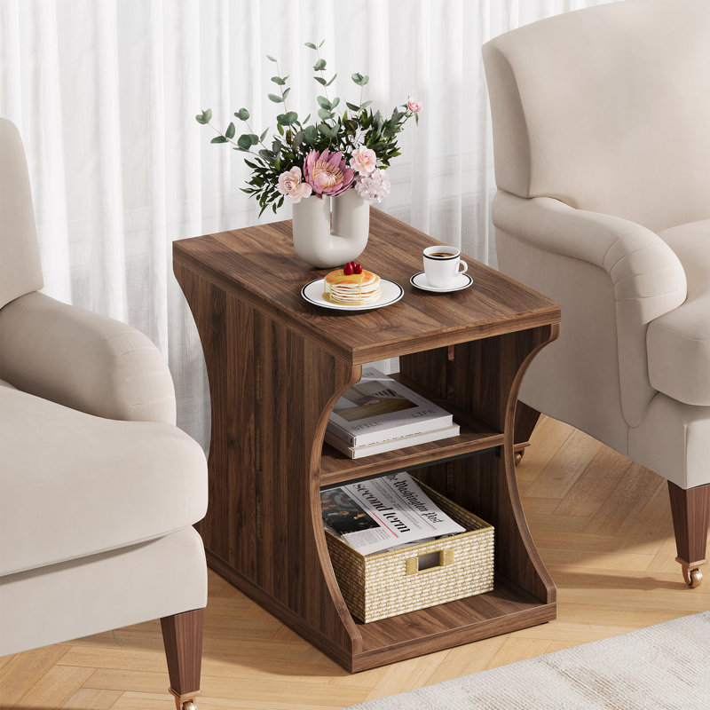 Modern Farmhouse End Table, Side Table With 3-Tier Storage Shelves, Dark Brown