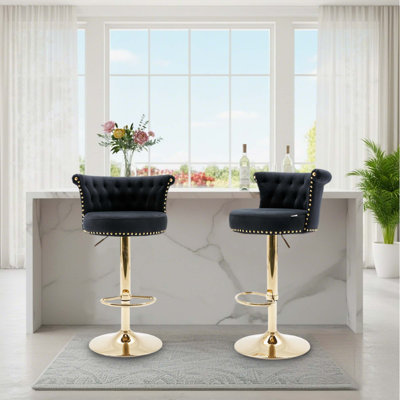 Modern Glam Set of 2 Tufted Velvet 360° Swivel Adjustable-Height Bar Stools with Nailhead Trim for Kitchen Island and Home Bar