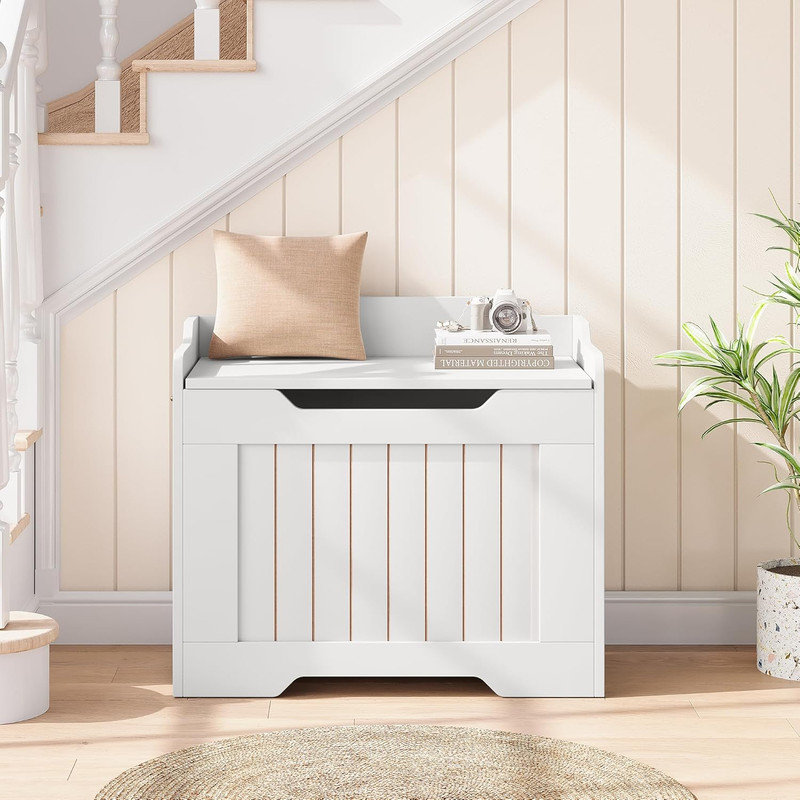 24.8" Wooden Storage Bench with Safety Hinge, Flip Top Blanket Chest Supports 350 lb for Living Room, Entryway, White