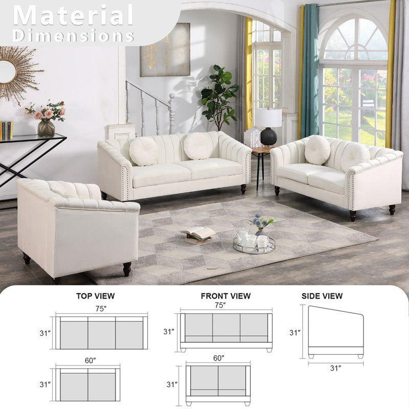 Ginelle 3-Piece White Microfiber Living Room Sofa Set