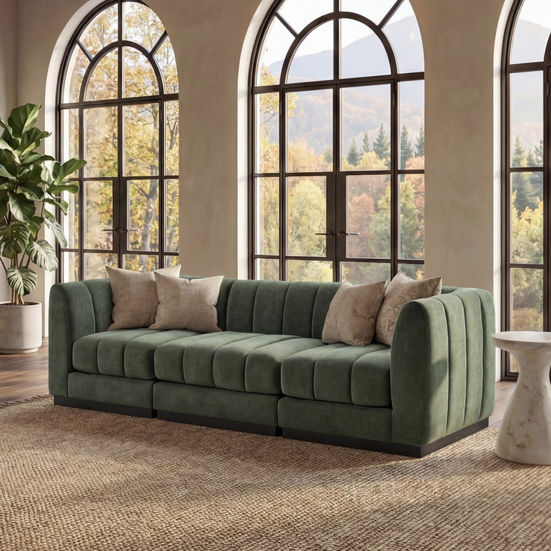  Myrhn Contemporary Modular 3-Seater Sectional, Green Chenille