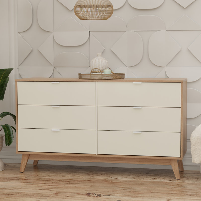 Ahmed 57.08"W 6-Drawer Dresser with Aluminum Handles, Light Brown/Crème