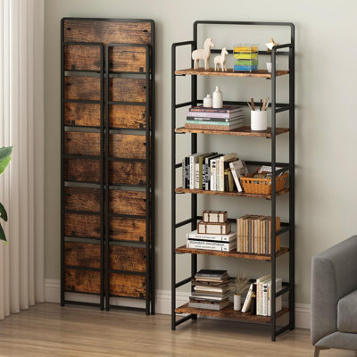No Assembly Required 5-Tier Folding Bookshelf (Rustic Brown)