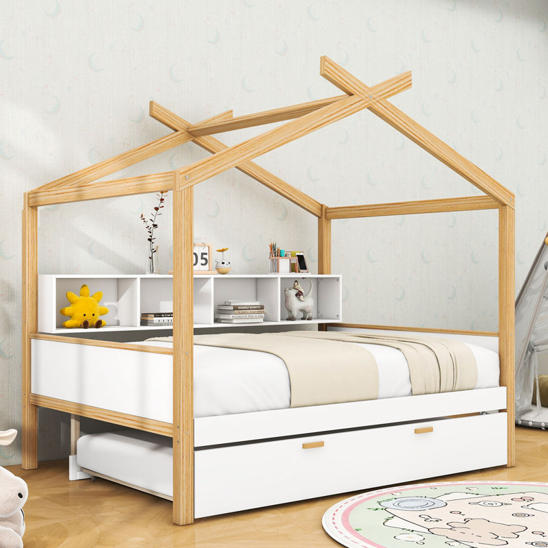 Wooden House Bed With Twin Pull-Out Trundle And Bookshelf Storage, Full
