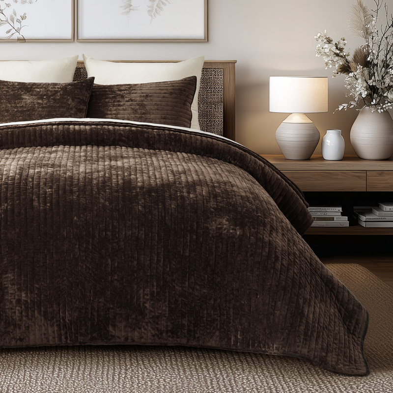 Luxe Velvet Channel Quilt Set, Queen, Walnut Brown