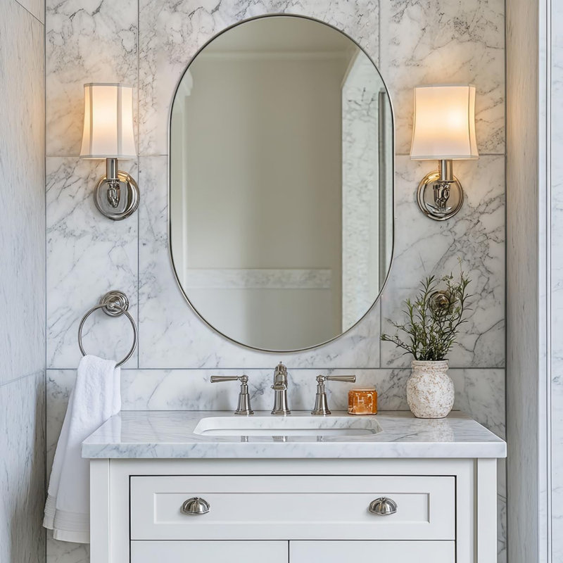 Miroir de salle de bain Kaitlee Cadre en acier inoxydable, 36 po x 24 po, Chrome poli, Pilule