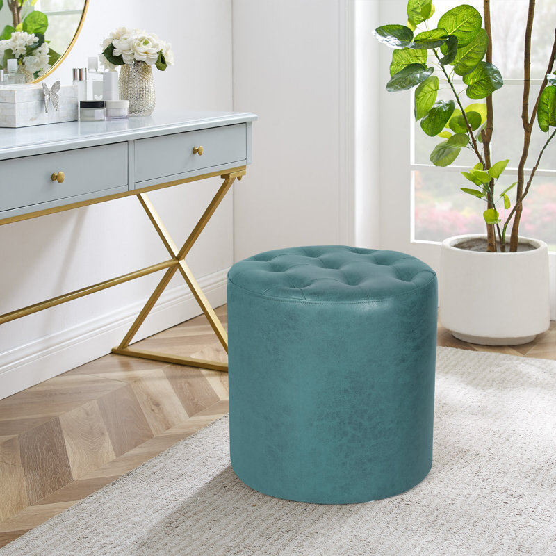 Rangi Tufted Round Standard Ottoman, Dark Teal