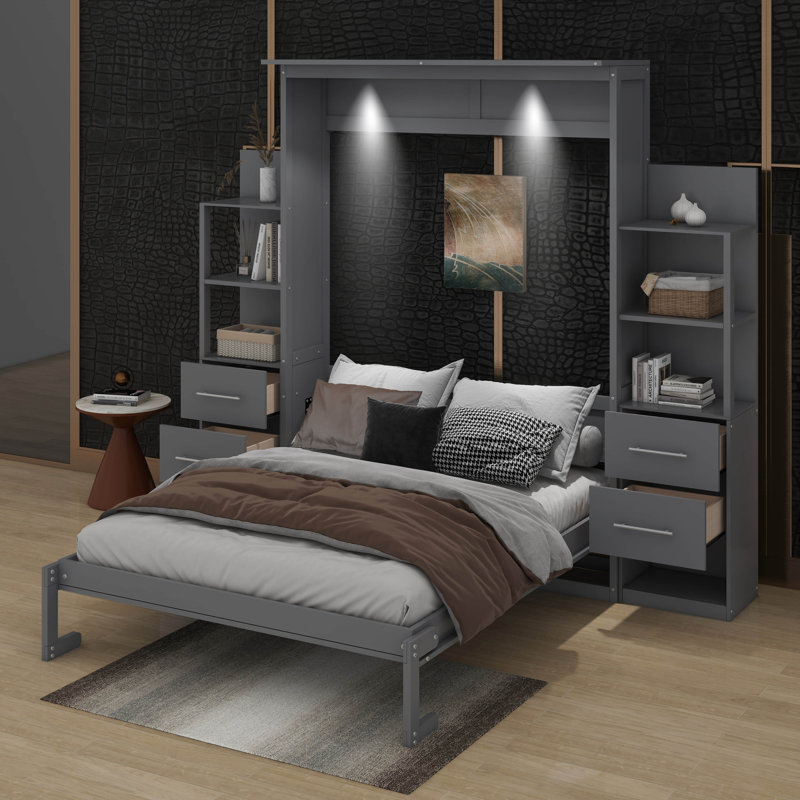 Grand lit escamotable avec tablettes, tiroirs et DEL, gris