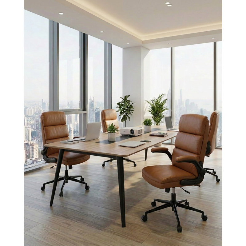 Ergonomic Executive Chair with Flip-up Armrests and Inflatable Lumbar Support, Beige White