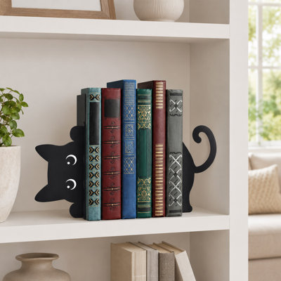 Black Cat Metal Bookends Set for Shelves and Desk