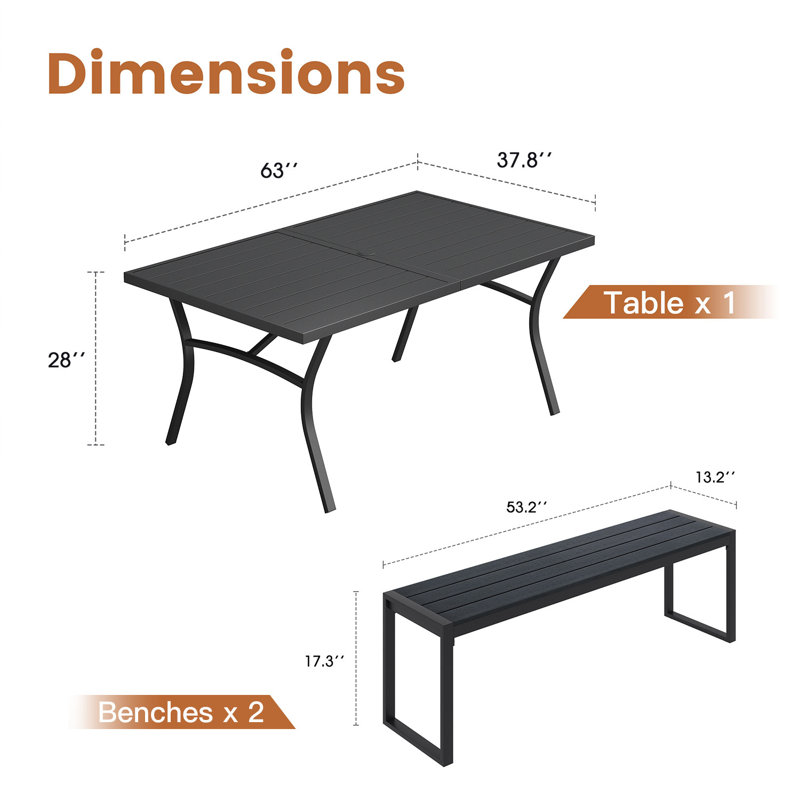 Table de salle à manger rectangulaire et bancs en faux bois , Noir, noir, noir, noir