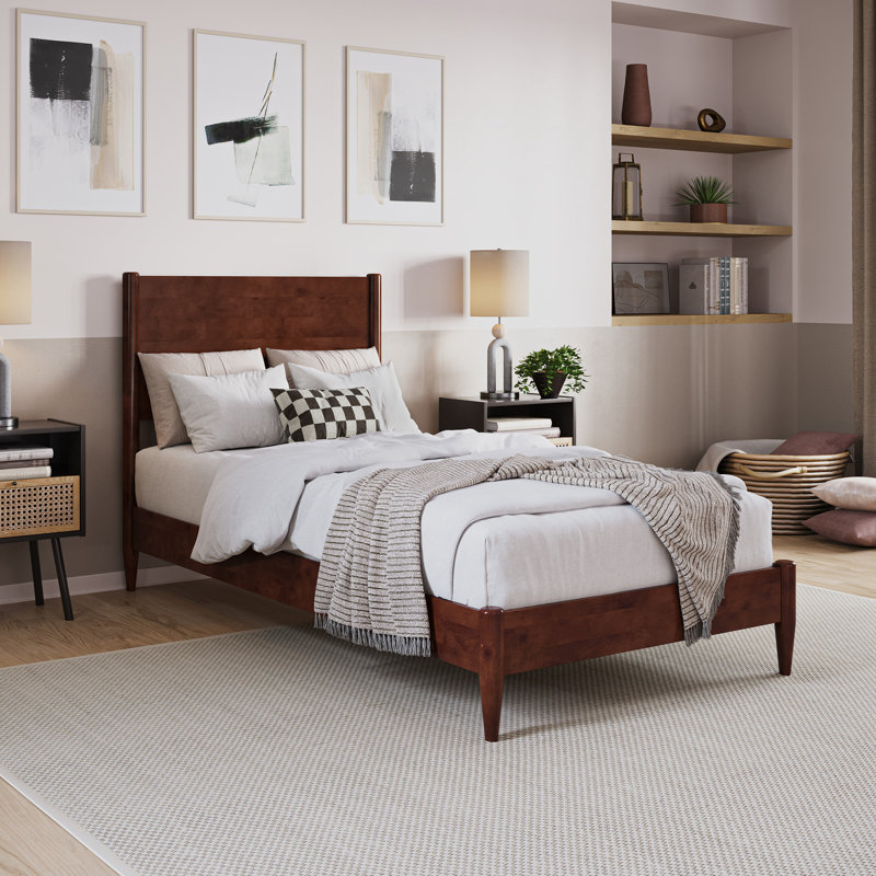 Bromwyn Mid Century Modern Solid Wood Low Profile Platform Bed, Walnut, Twin XL